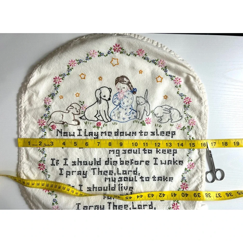 Vintage Hand Embroidered Now I Lay Me Down To Sleep Prayer Wall Hanging Nursery